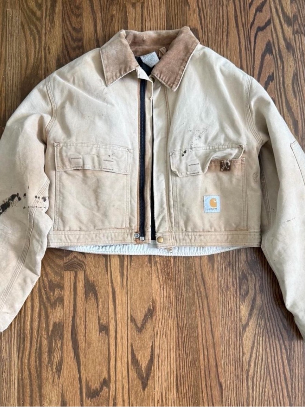 Carhartt | Vintage Tan Cropped canvas jacket with paint splatter